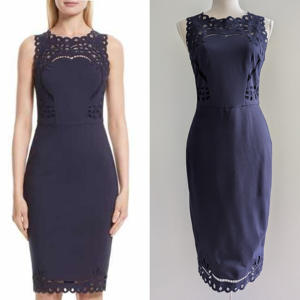 Like New Ted Baker London Verita Cut Out Yoke Navy Midi Lace Dress